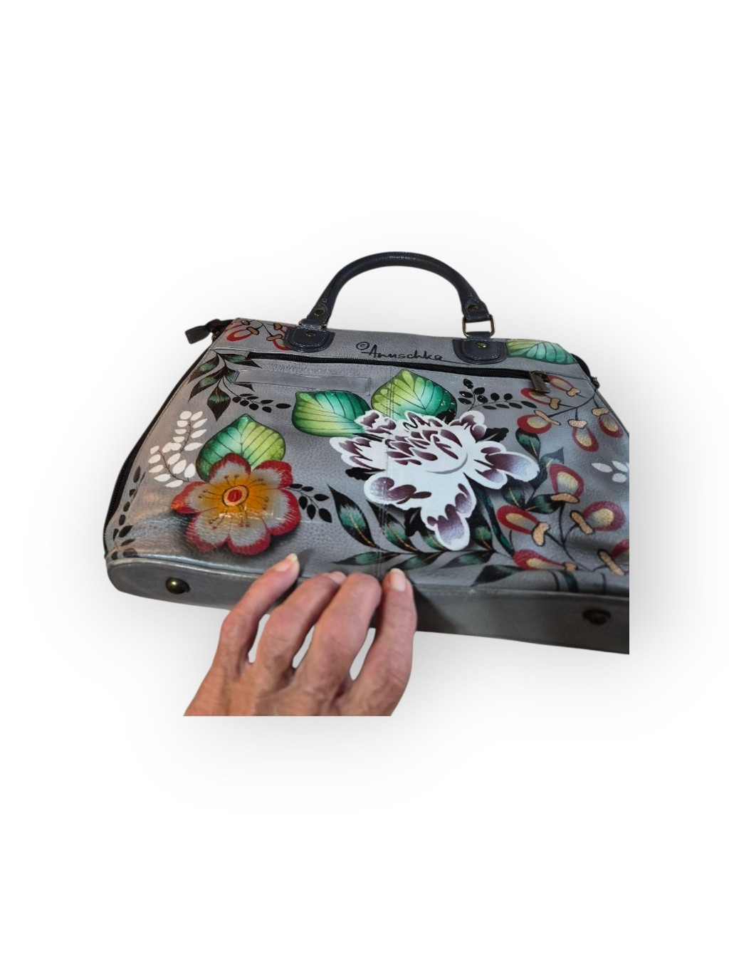 Anuschka Hand Painted Lg Leather Tote Garden Of Eden Grey/ Floral Pattern
